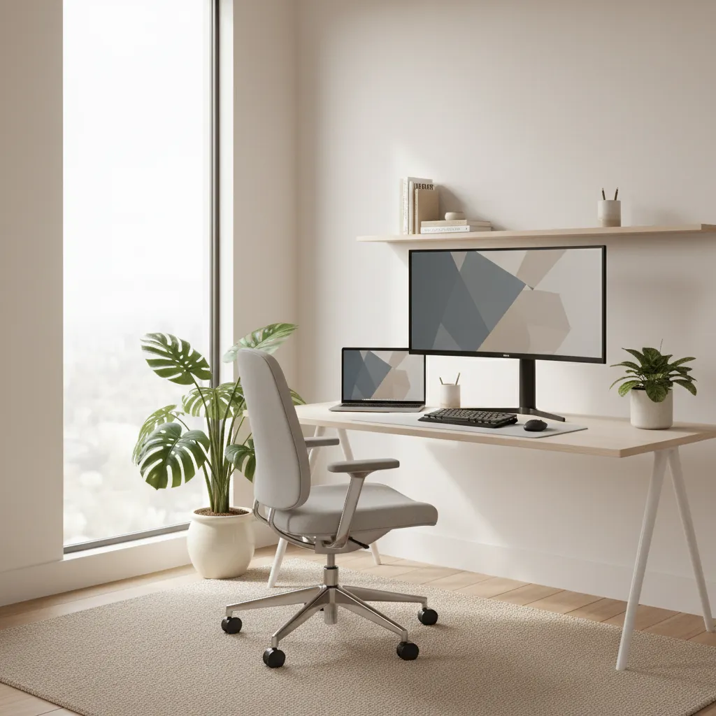 Compact home office workspace with ergonomic chair and desk setup