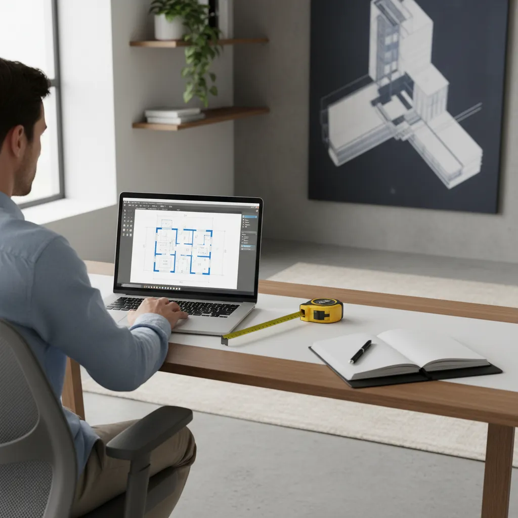 person designing a room floor plan on laptop with measuring notes and sketches