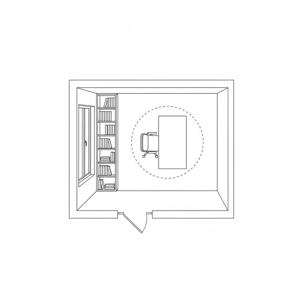 2D floor plan of a small home office showing desk placement and circulation space