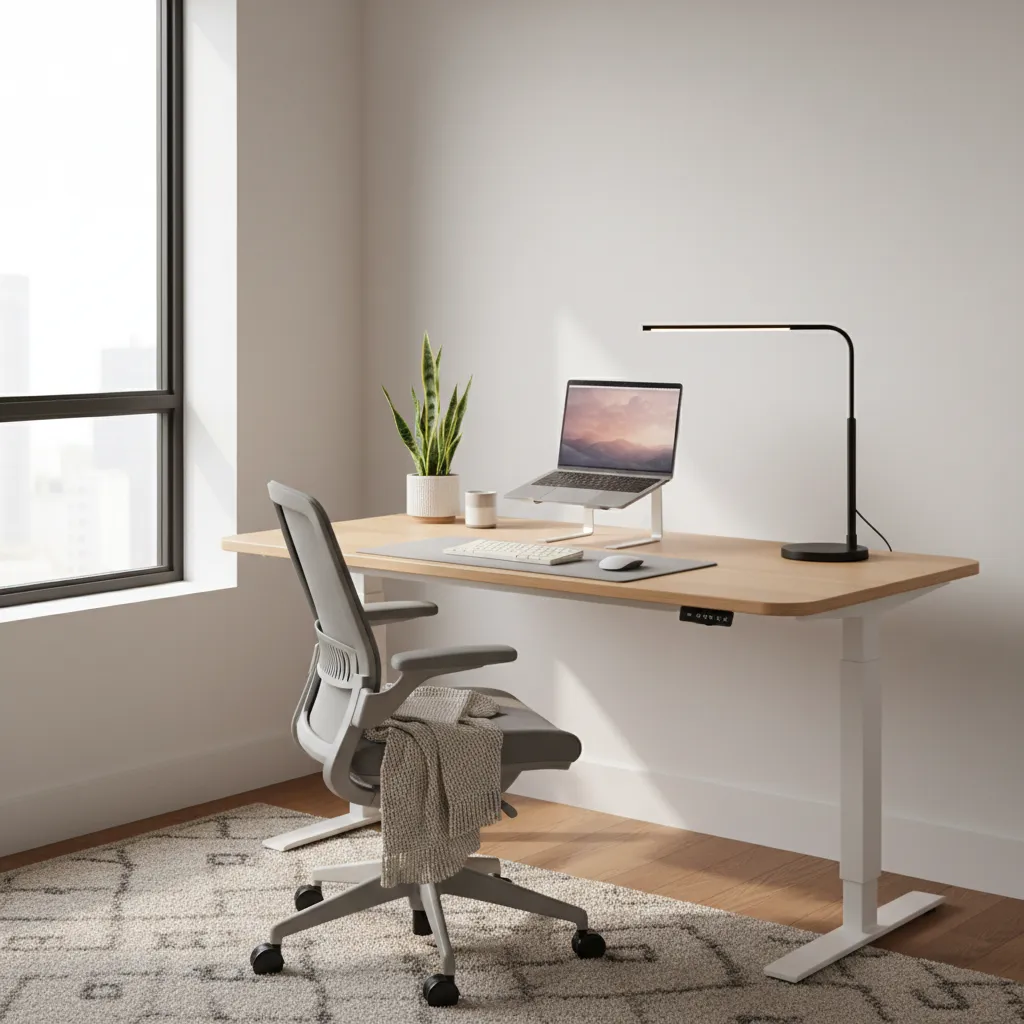 Modern home office with wood adjustable desk laptop on stand grey chair and desk lamp