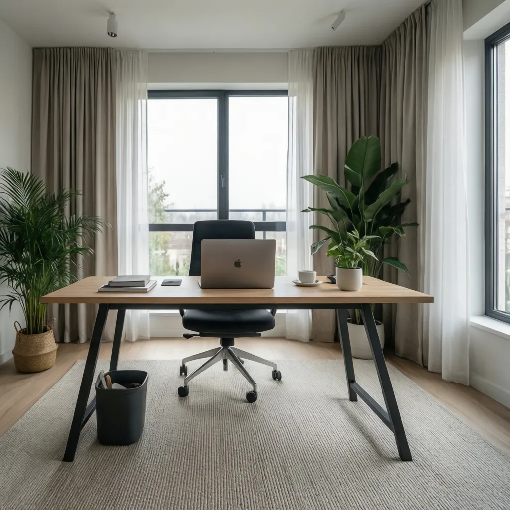 Oficina en casa moderna con escritorio minimalista y decoración neutra