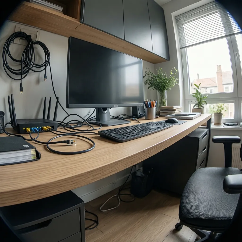 Espacio de trabajo en casa con conexión de red cableada y router cercano