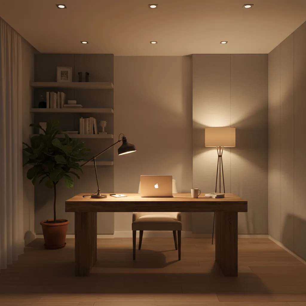 Home office showing layered lighting with desk lamp floor lamp and ambient light