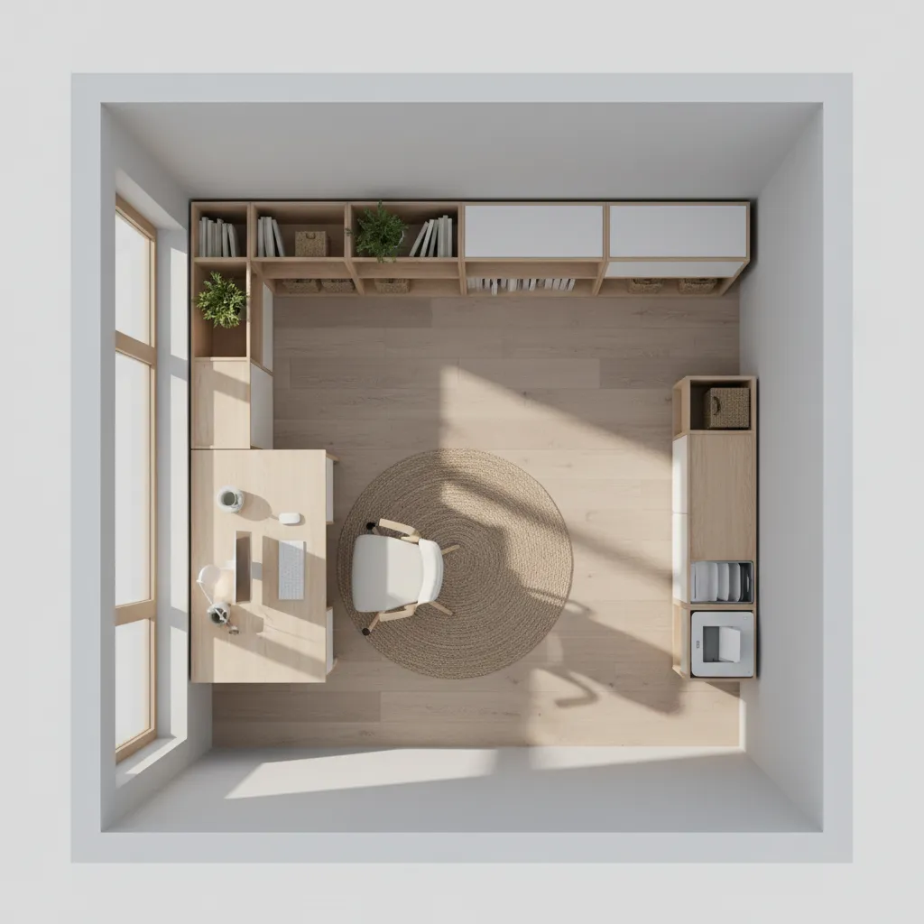 Home office layout showing desk placement relative to window and storage