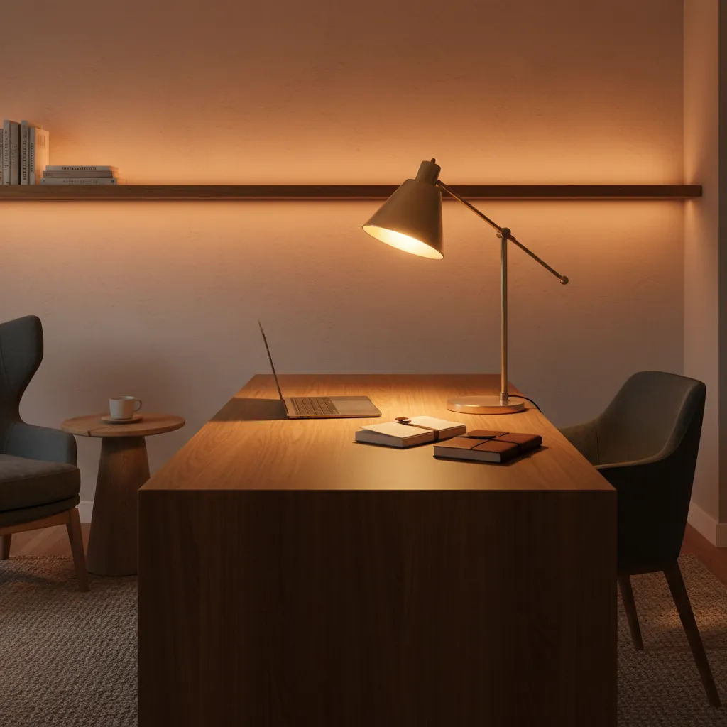Oficina en casa con iluminación de escritorio y luz ambiental cálida