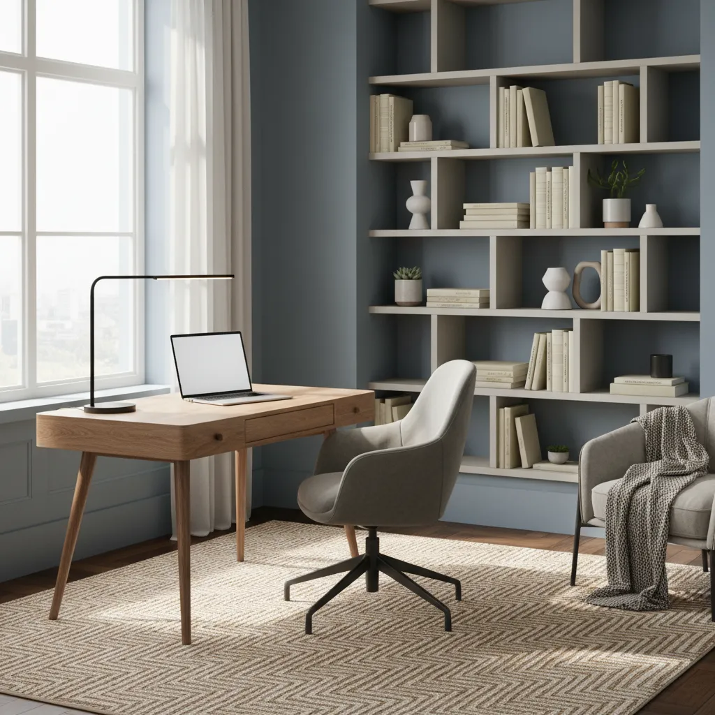 Home office corner with wooden desk, laptop, grey chair, large bookshelf, and black desk lamp