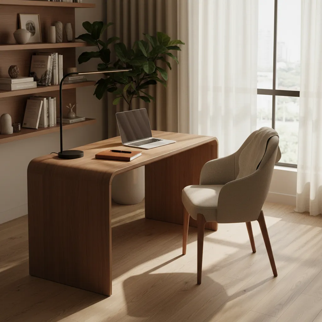 Modern home office with curved wooden desk, laptop, beige chair, black desk lamp, and curtains.