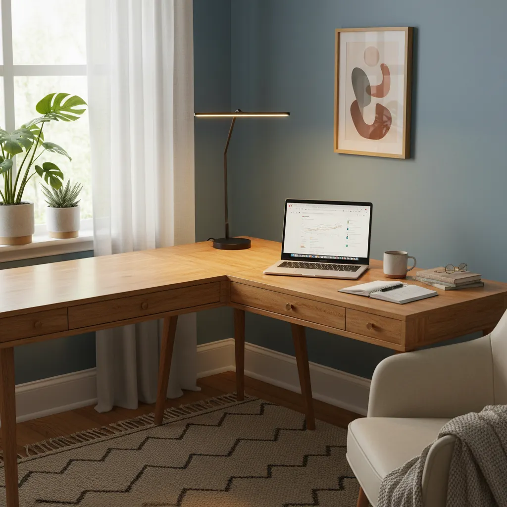 Cozy home office with L-shaped desk, warm desk lamp, laptop, indoor plants, and blue walls