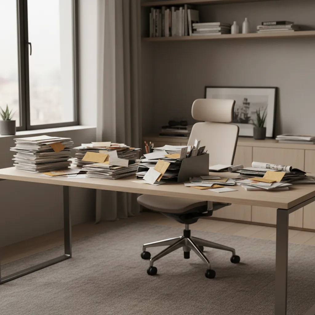 home office desk with messy mail piles and envelopes showing mail station clutter problem