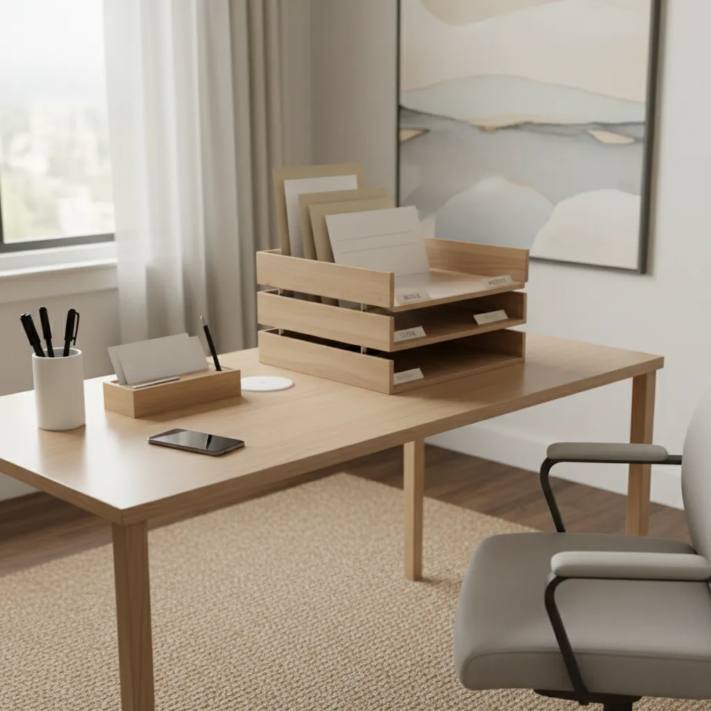 home office desk with trays folders and organized mail station tools