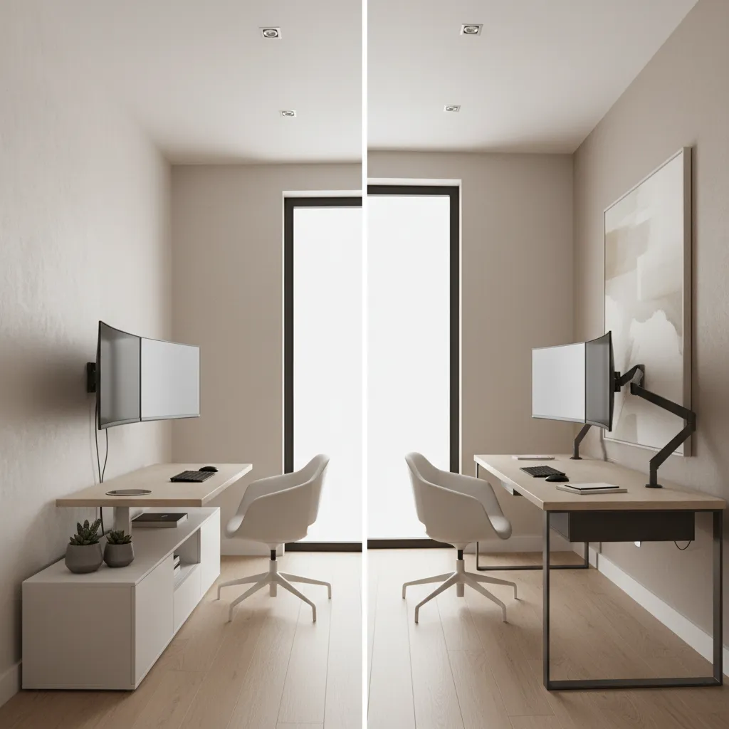 Home office layout comparison showing wall mount vs desk arm monitor placement