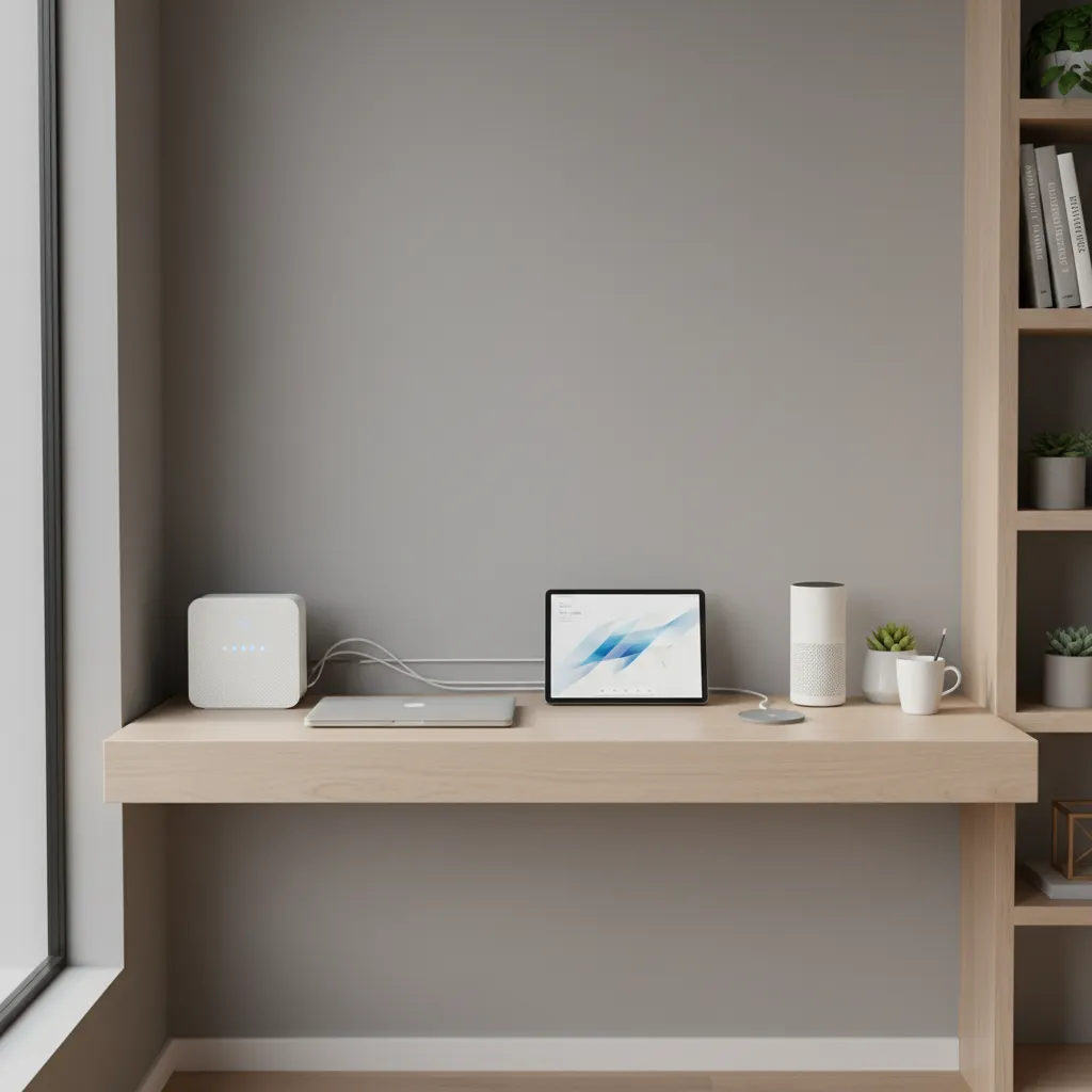 Home office desk with router and multiple devices representing secure network setup