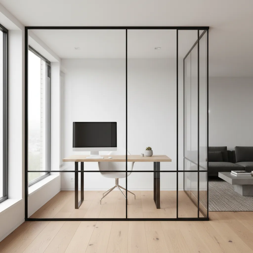 Pequeño despacho en casa separado con una mampara de vidrio