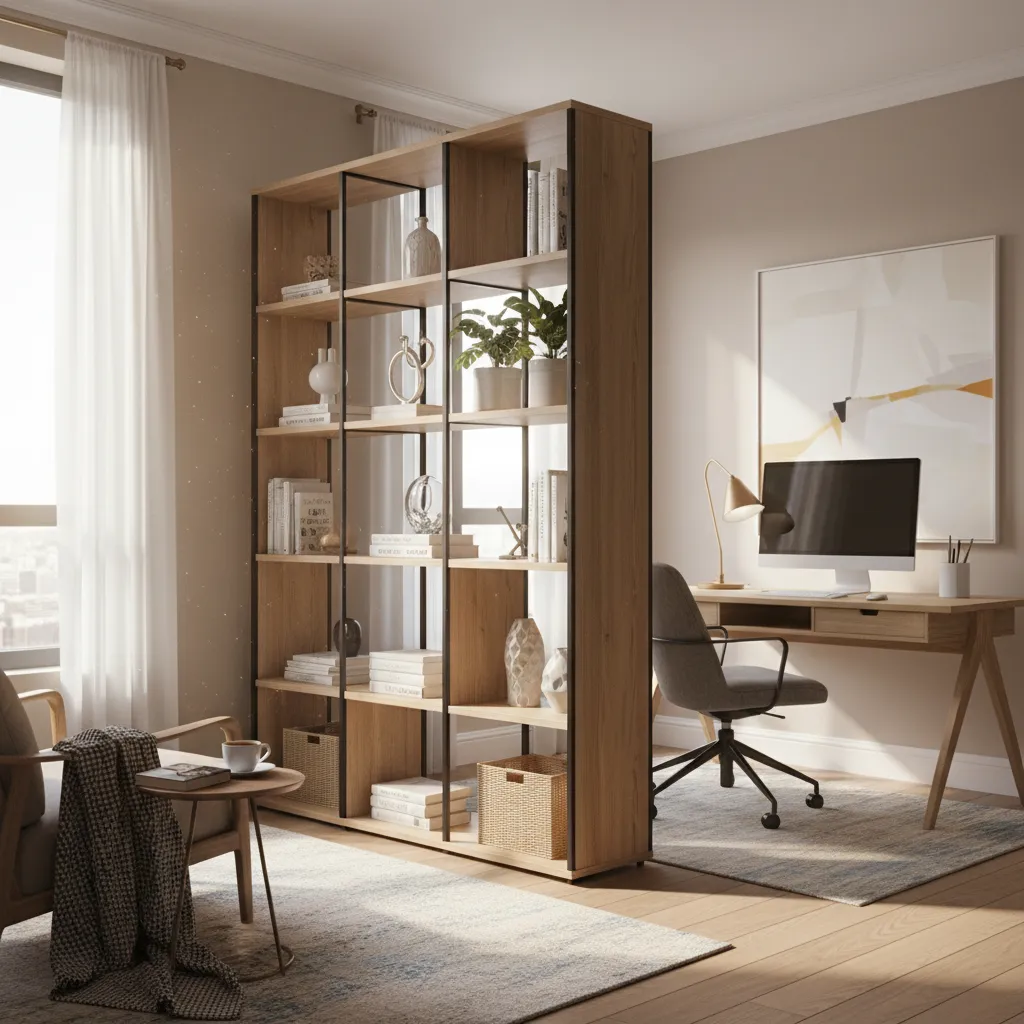 Large wooden bookshelf used as a room divider between a living area and home office.