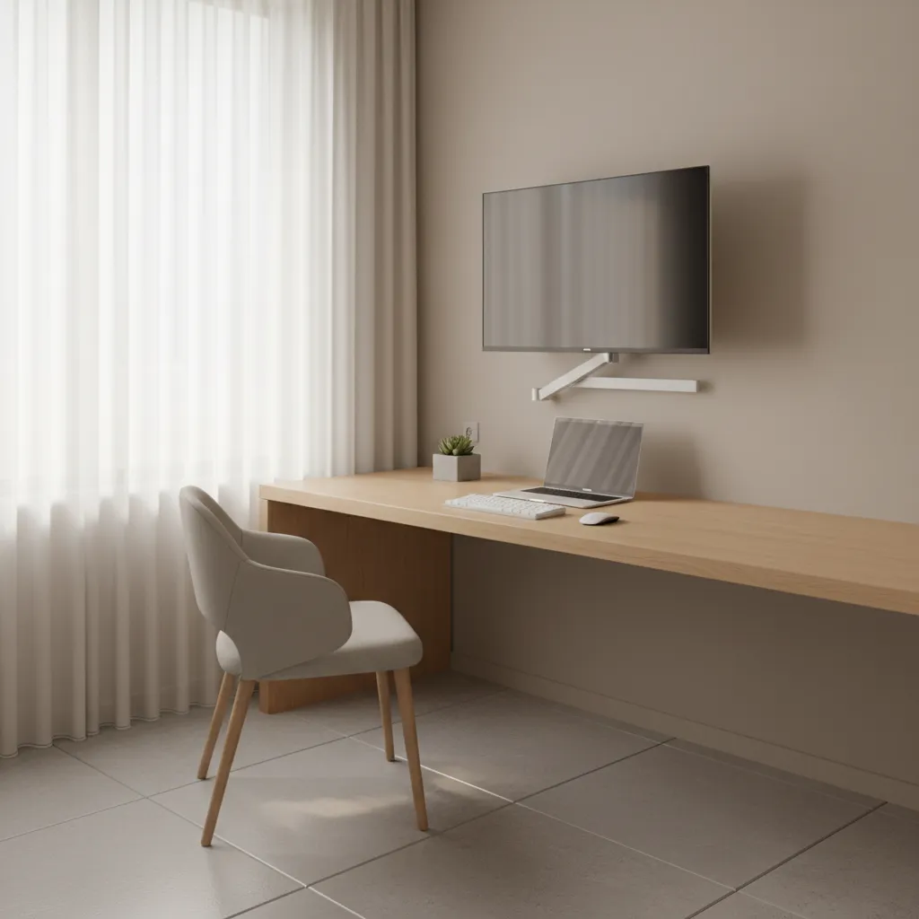 Ergonomic home office with wall mounted monitor and clean desk layout