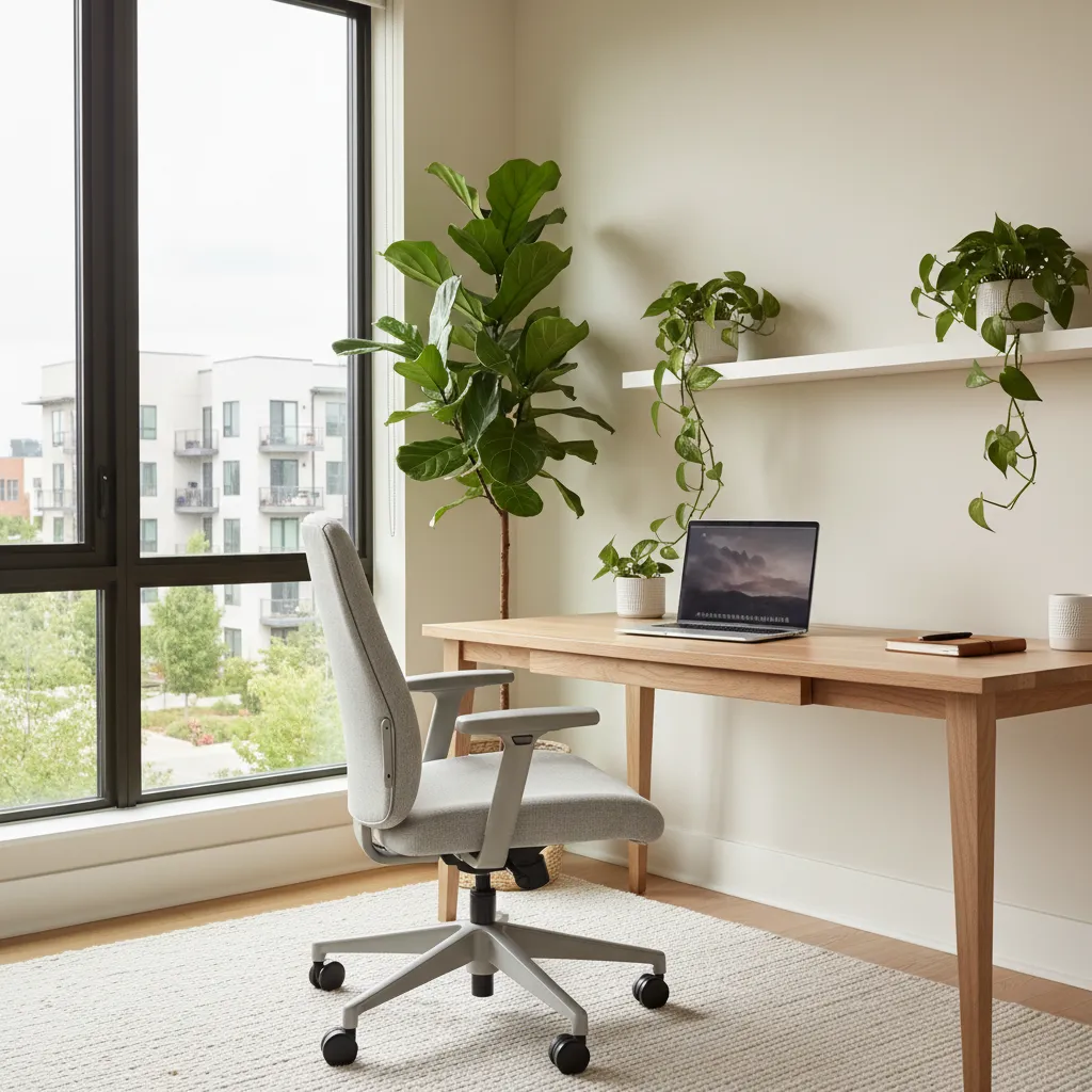Escritorio de trabajo colocado junto a una ventana con buena iluminación natural