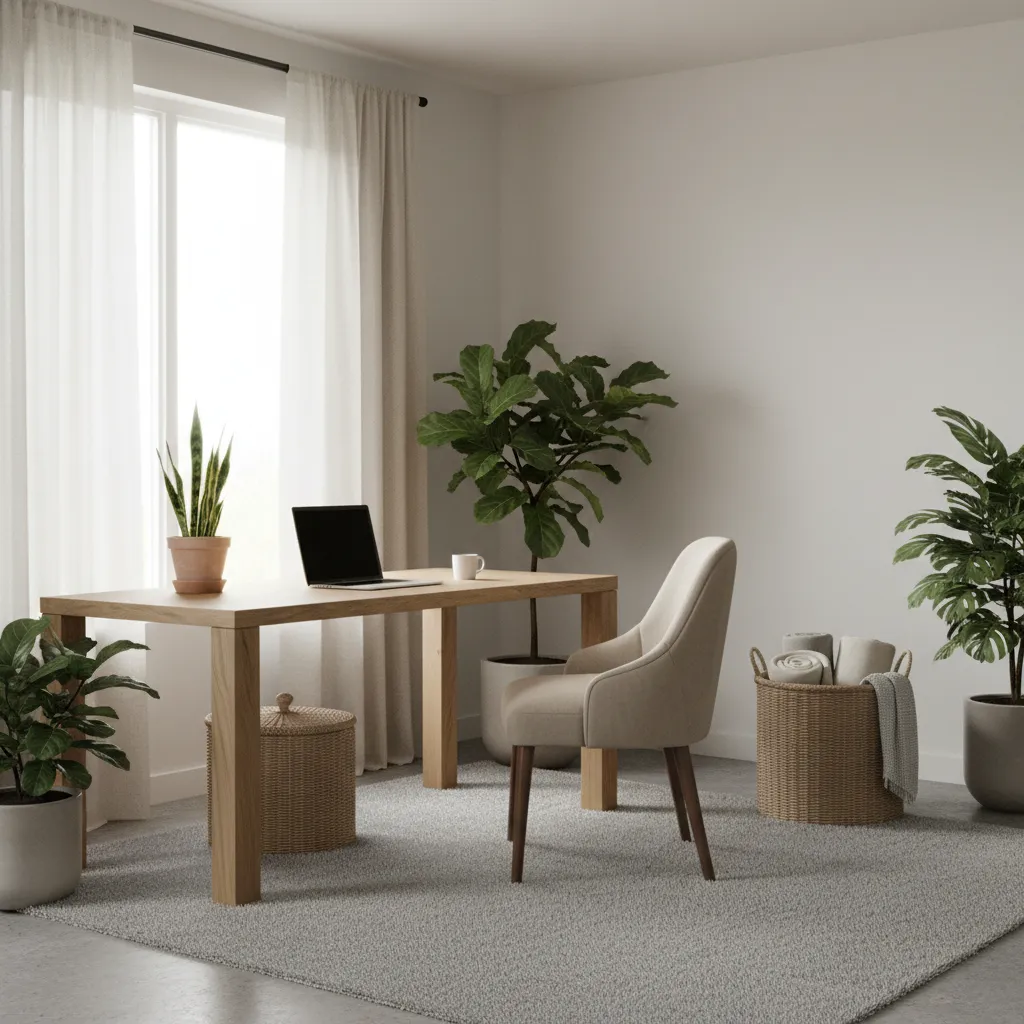 home office workspace featuring plants and natural wood materials