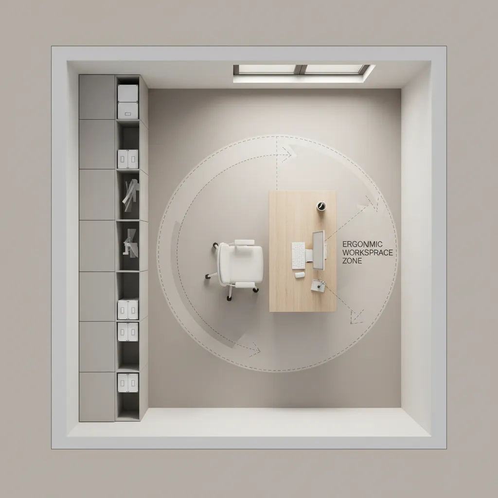 home office layout showing desk placement, movement space, and storage zones