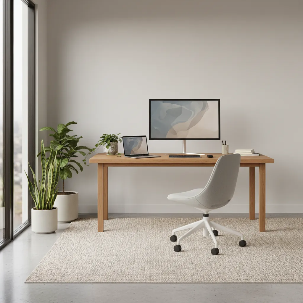 Minimalist home office with wooden desk grey chair monitor laptop and plants on large rug