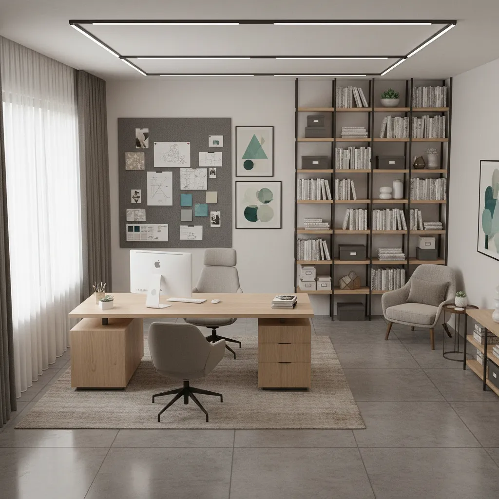 home office layout showing focus zone inspiration wall and storage area