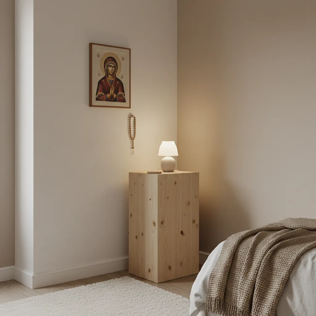 Oratorio pequeño ubicado en un rincón tranquilo del dormitorio con altar sencillo