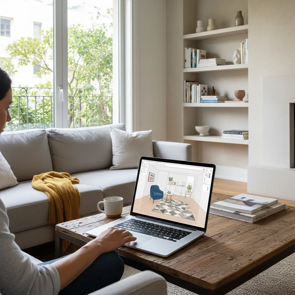 Propietario usando un planificador digital para organizar muebles en su casa