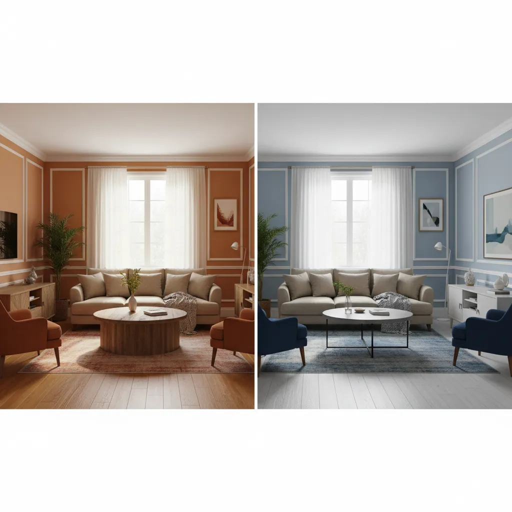 comparison of warm and cool wall paint colors in the same room using AI preview