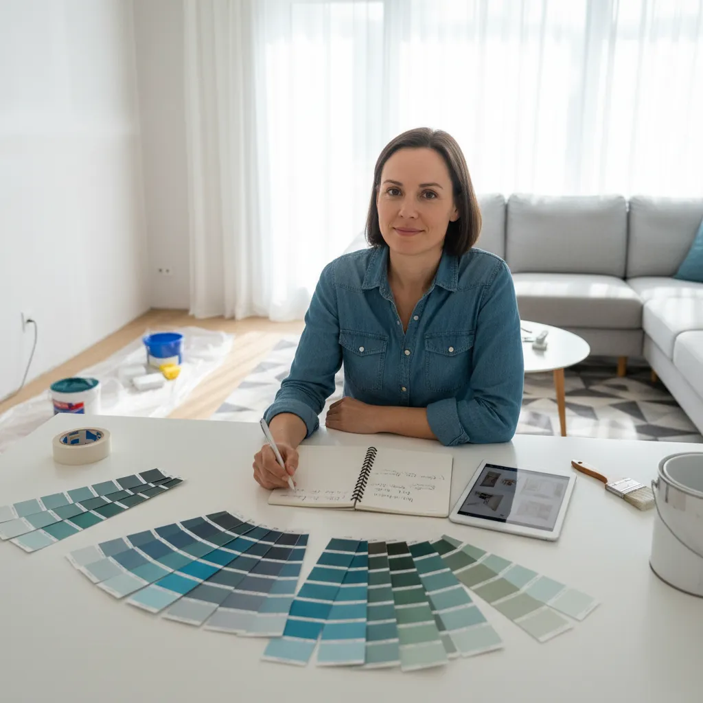 Homeowner planning interior painting project with color samples and room layout