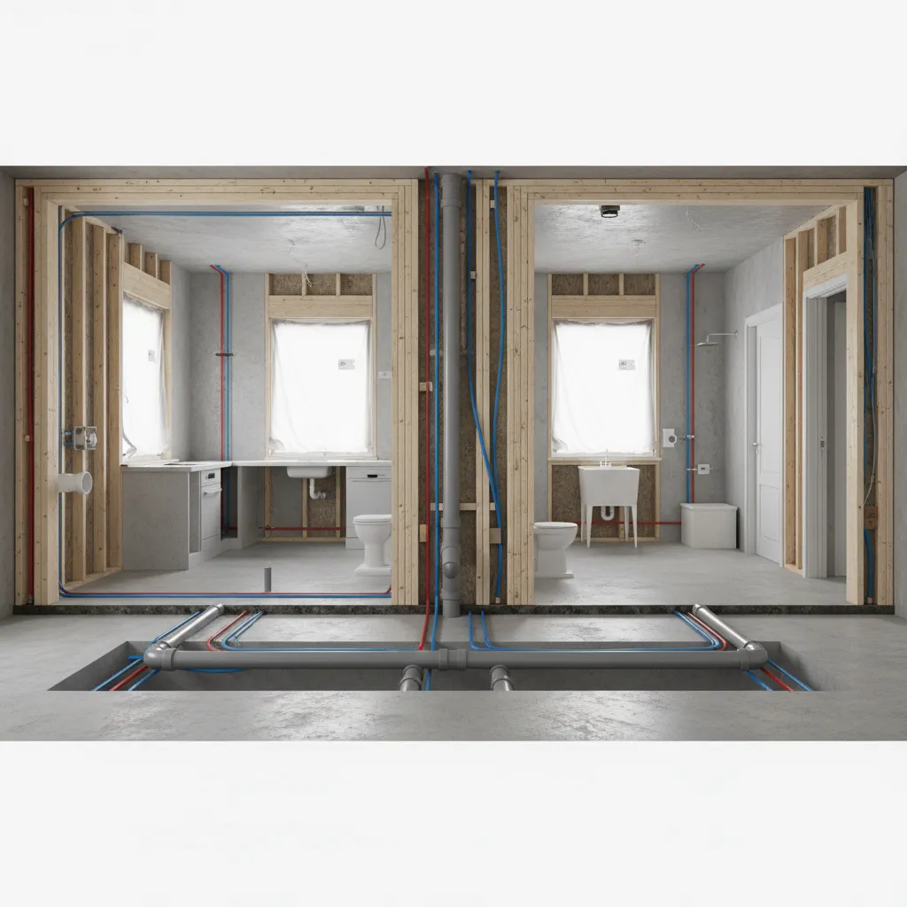Room layout showing blue and red water pipes and grey drainage pipes for home renovation