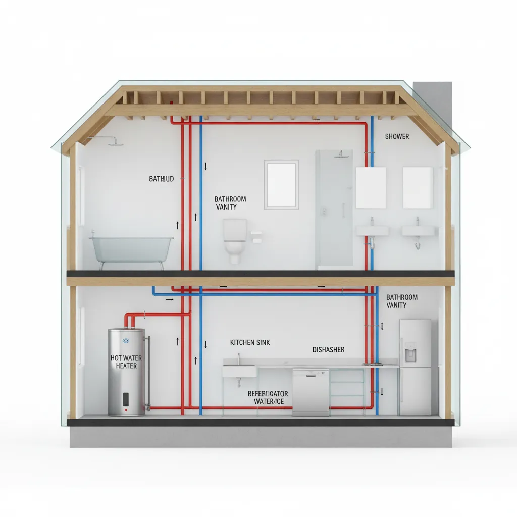 Home plumbing diagram showing hot water line running from heater to kitchen and bathroom