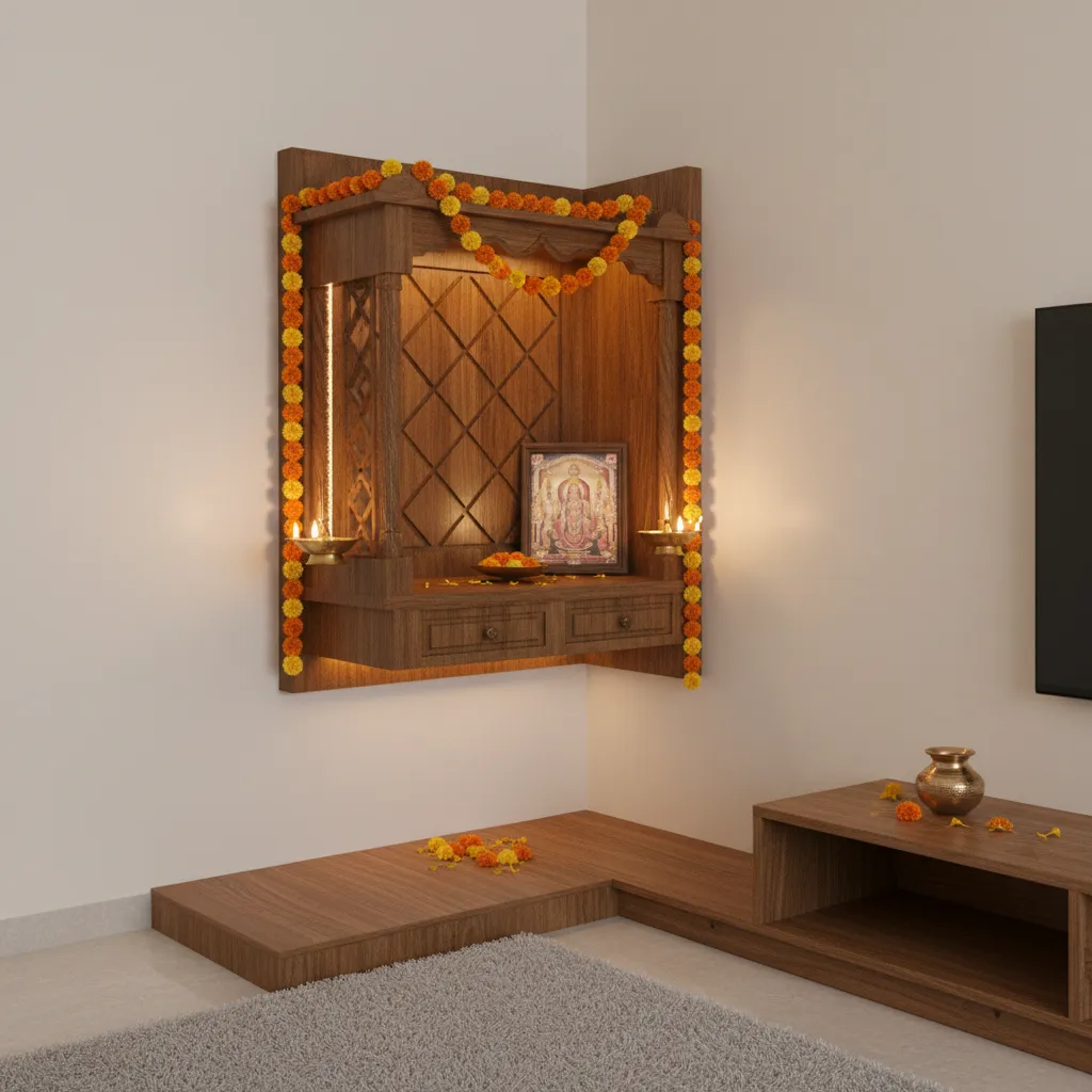 Small home pooja corner with wooden mandir brass lamps and flowers