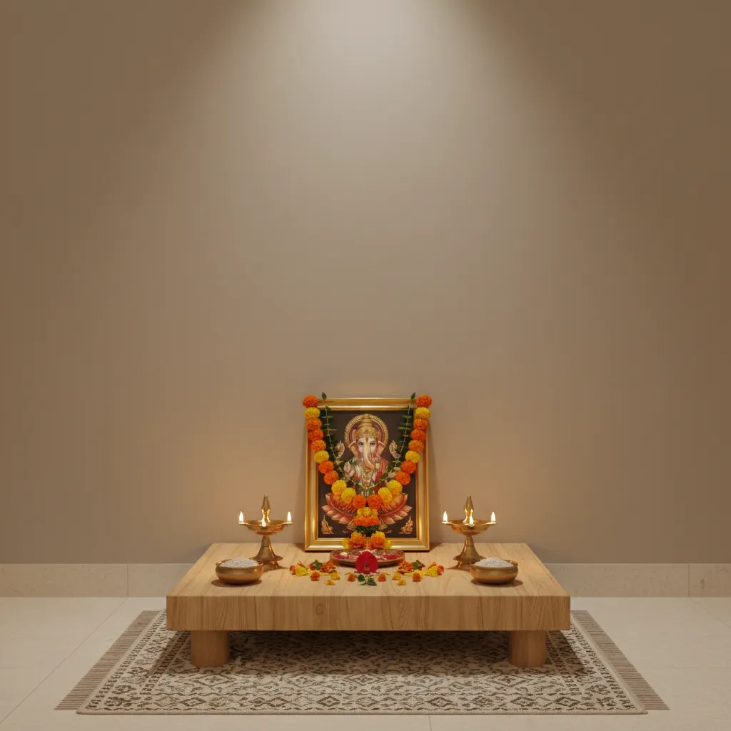 Small home pooja altar with flowers and diyas