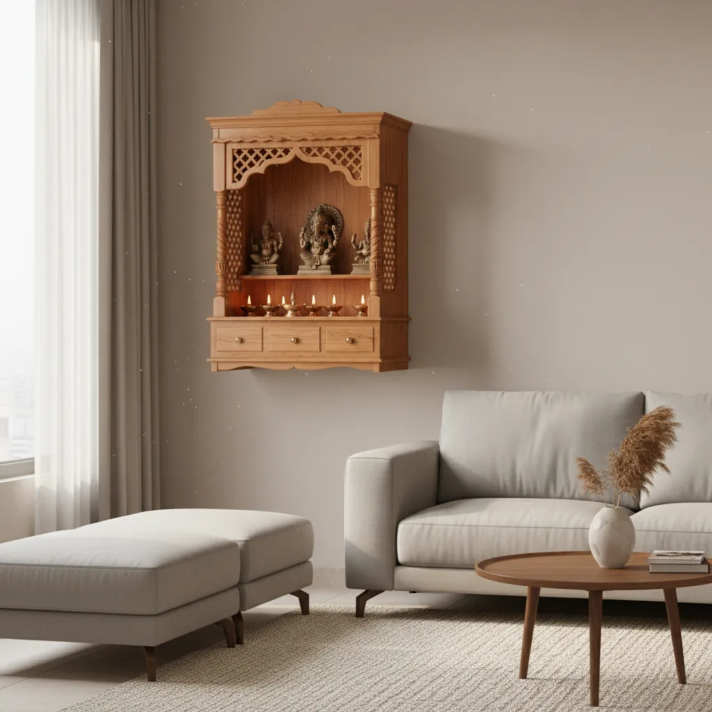 small wooden pooja mandir placed in a calm corner of a modern living room