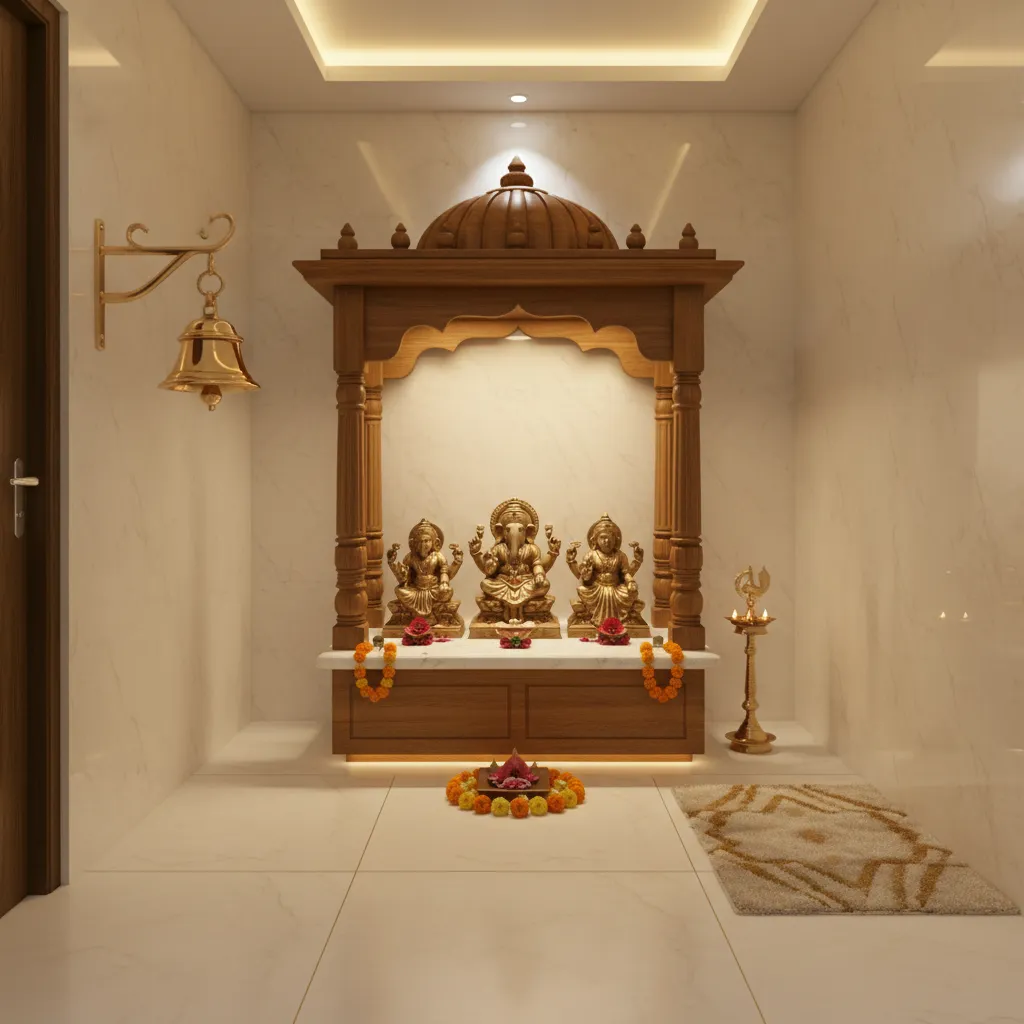 Brass pooja bell mounted beside a modern home temple entrance