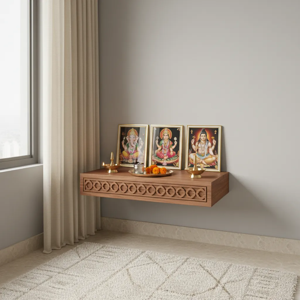 Small home pooja room wall with framed Hindu deity photos arranged neatly