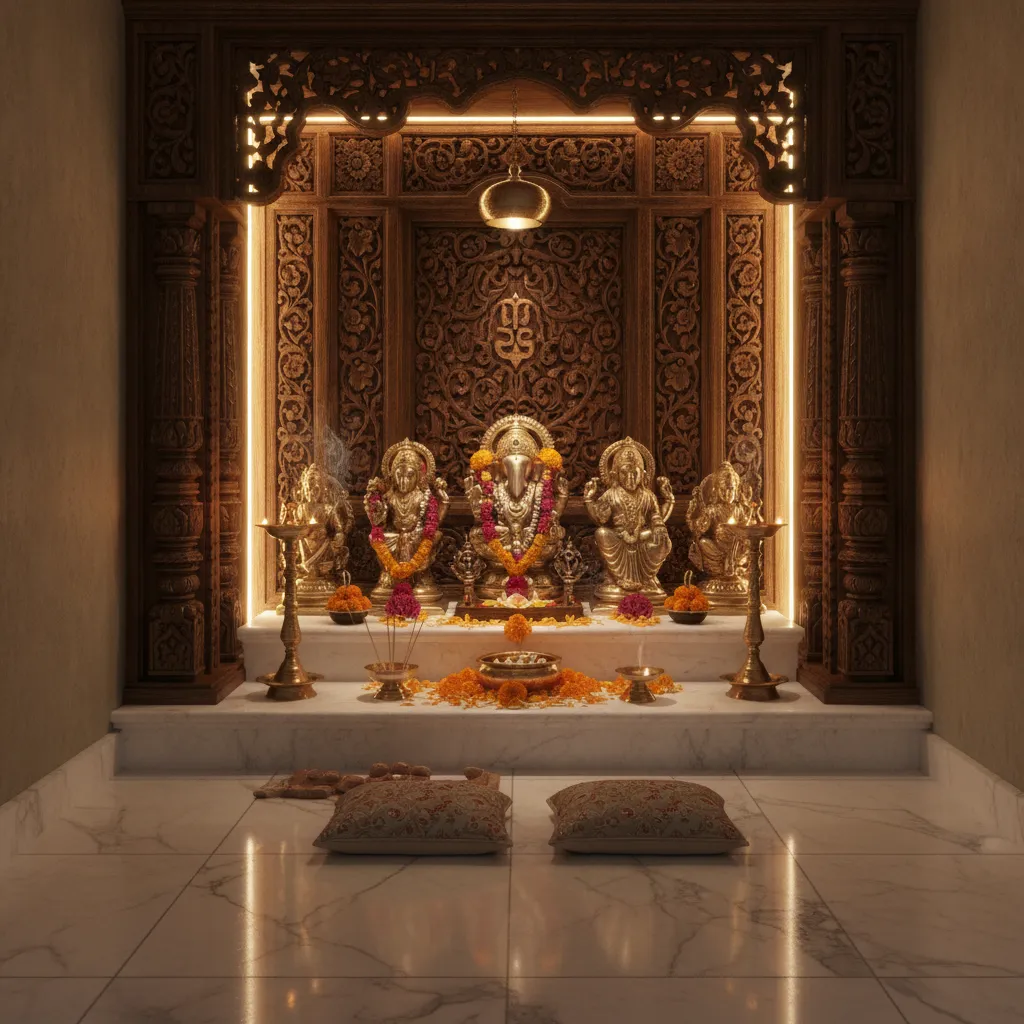 wooden mandir with carved panel and brass lamps in a home pooja corner