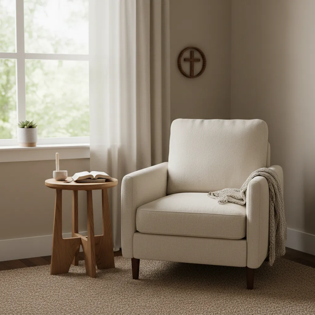 small christian prayer corner near window with chair and bible