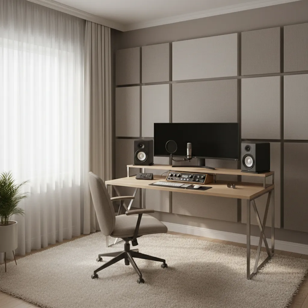 home recording studio with wall acoustic panels and desk setup