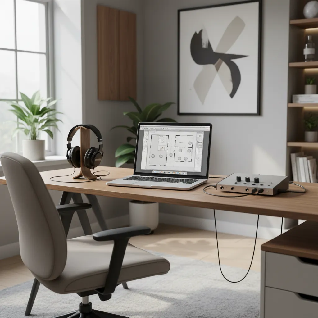 designer planning a home recording studio layout on laptop with floor plan software