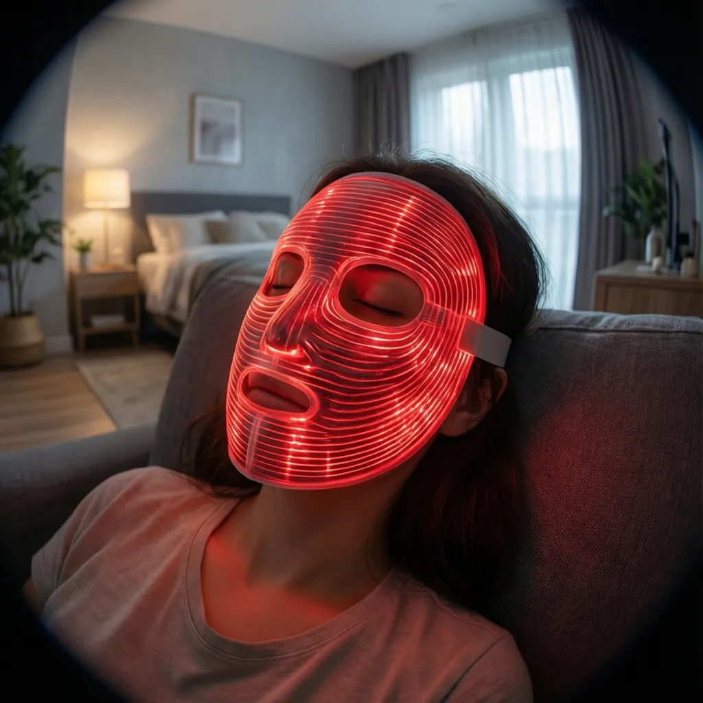 person using LED red light therapy face mask device at home