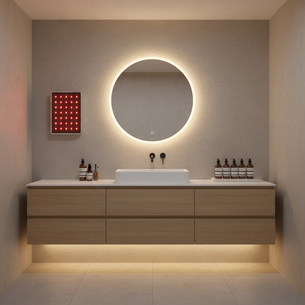 Home skincare station with red light therapy panel and mirror