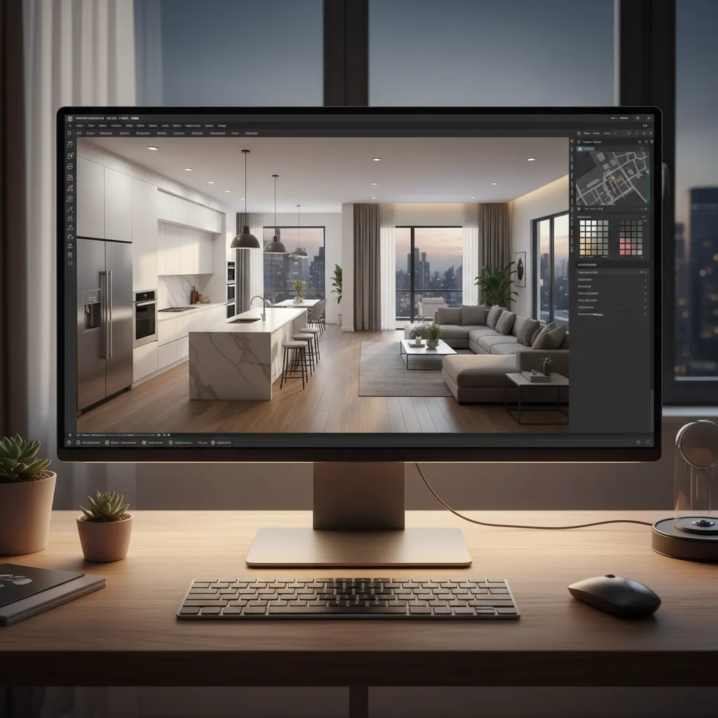 3D home remodeling layout displayed on a computer screen