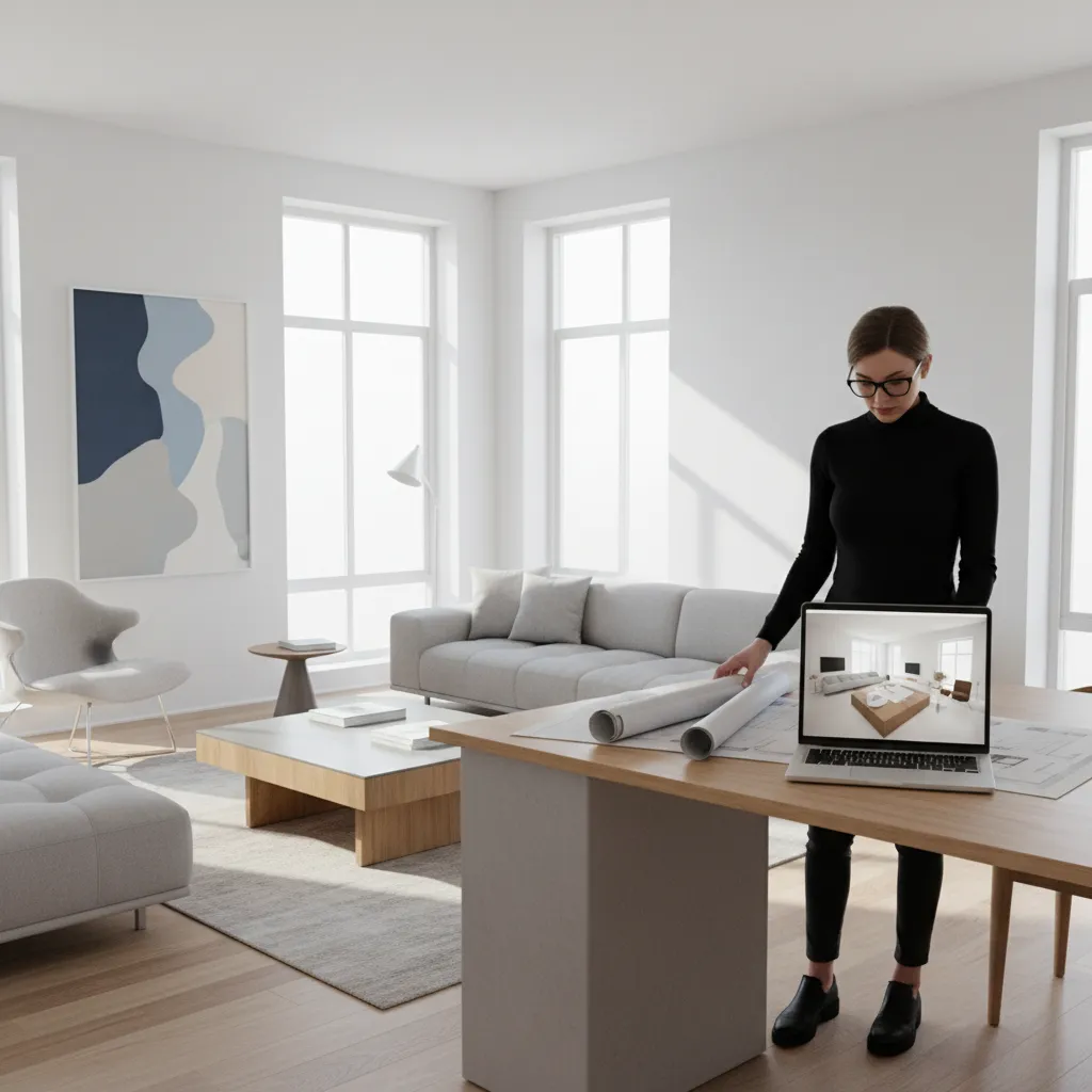 Interior designer reviewing home remodel transformation concept in modern living space