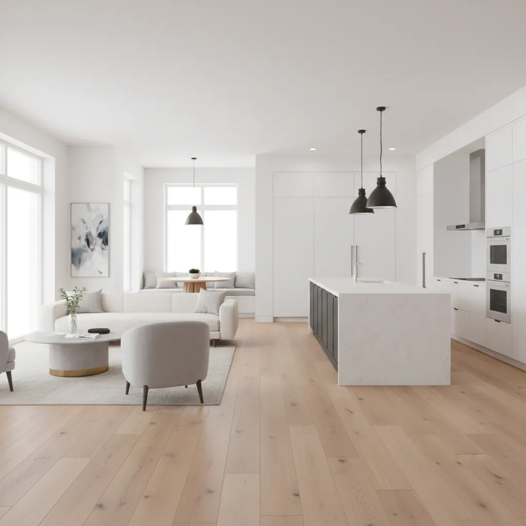 Modern open living area with white sofa wood floor kitchen island and black ceiling lights