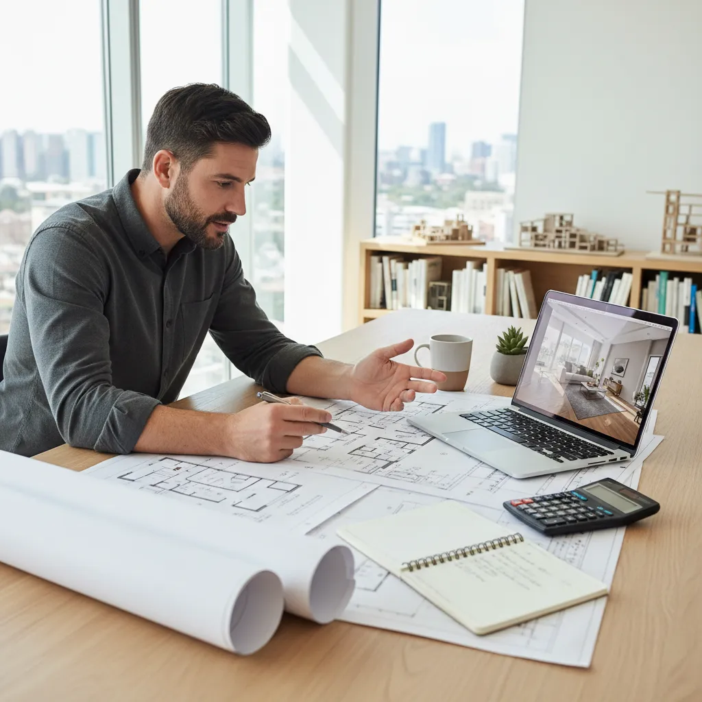 homeowner planning renovation budget with floor plan and laptop