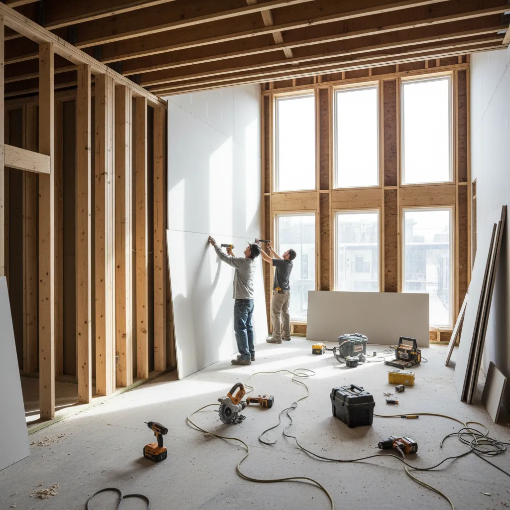 Residential home renovation construction progress with workers installing interior structures