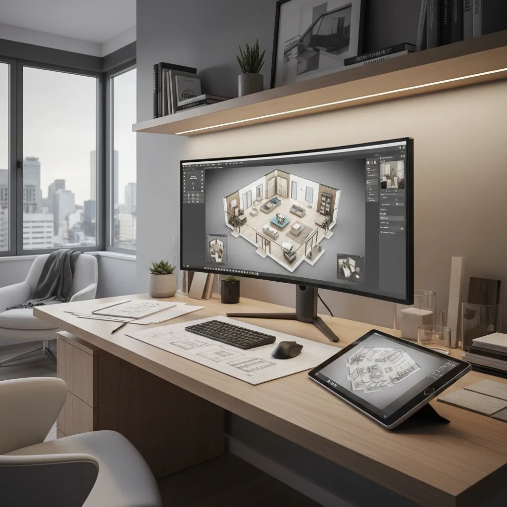 designer planning renovation layout on digital floor plan for home remodeling