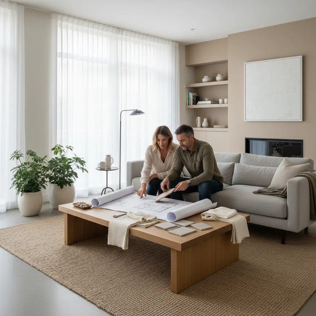 couple reviewing renovation plans and material samples in a living room