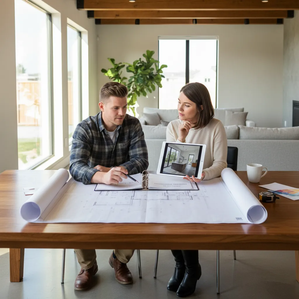 contractor and homeowner reviewing renovation timeline and cost plan