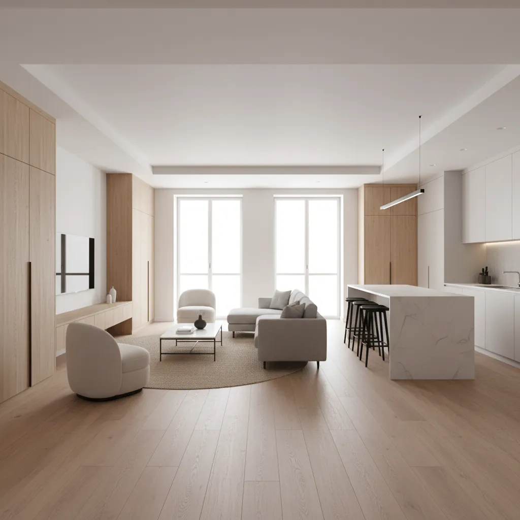 Minimalist living space featuring wood cabinets grey sofa kitchen island round rug and wooden floor